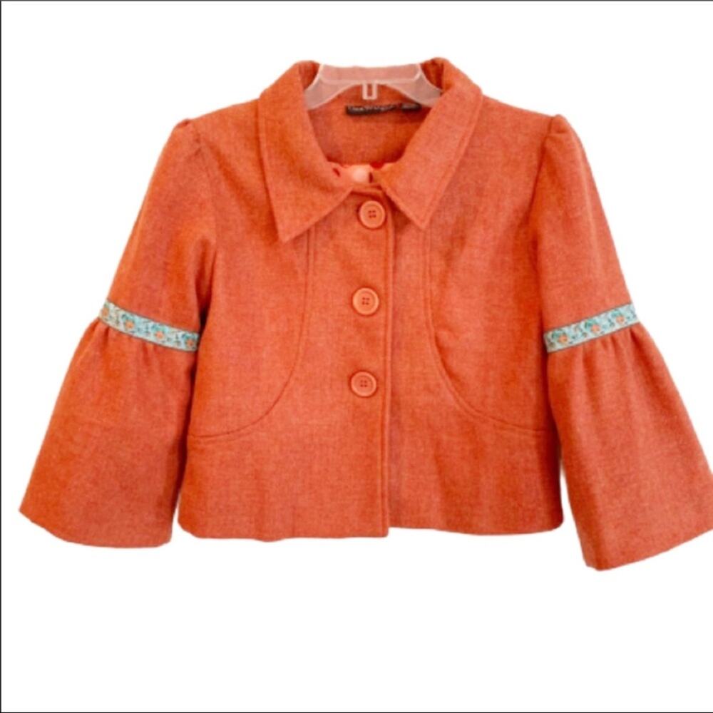 Liza Byrd Jacket Wool Tangerine Orange Blue Trim Bell Sleeve Button Front Small
